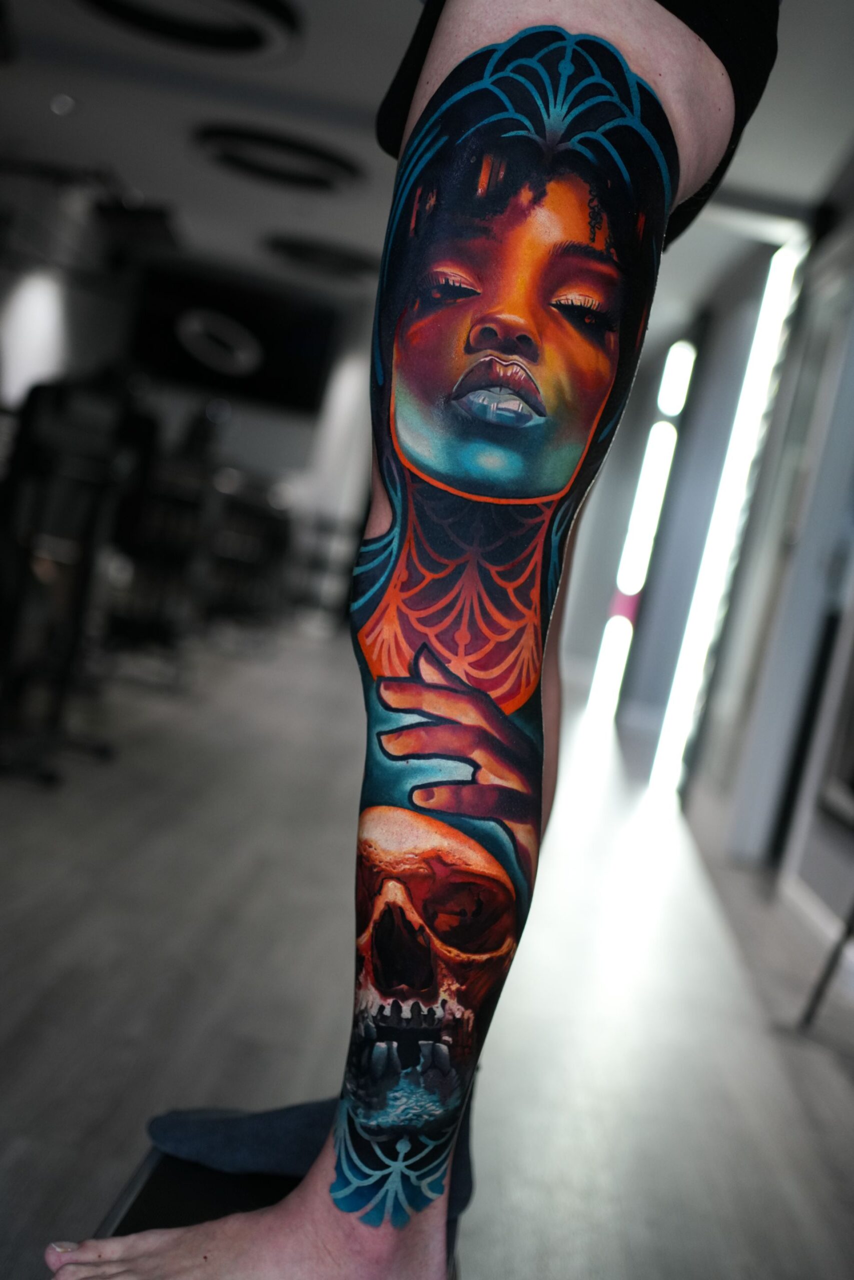 Rich Harris — full sleeve, woman portrait and skull
